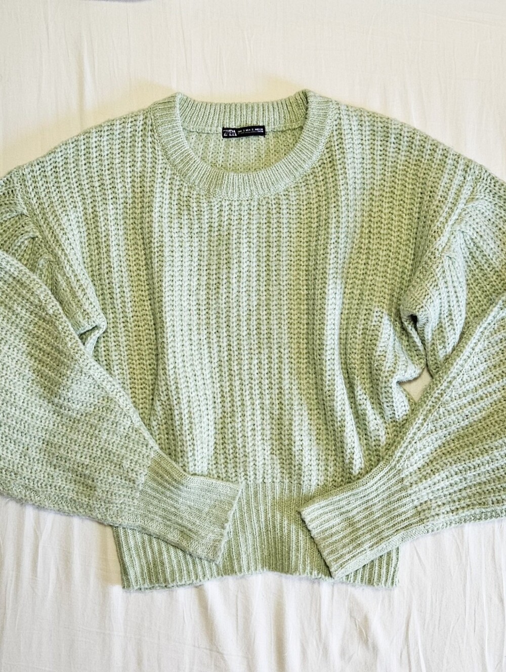 Zara Light Sage Waffle Knit Crewneck Sweater